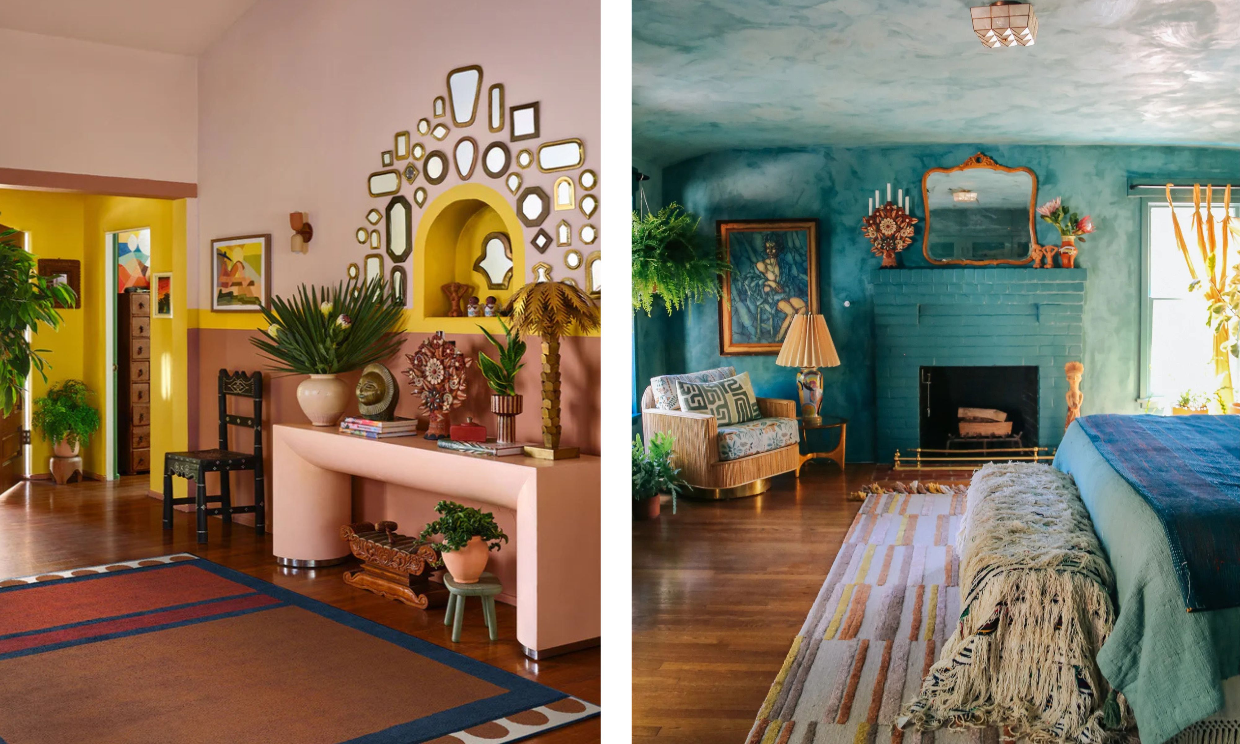 Two images: The left image is a pink living room with maximalist decor and yellow accents. The right image is a bedroom with blue plaster effect walls and a stone fireplace painted in the same blue
