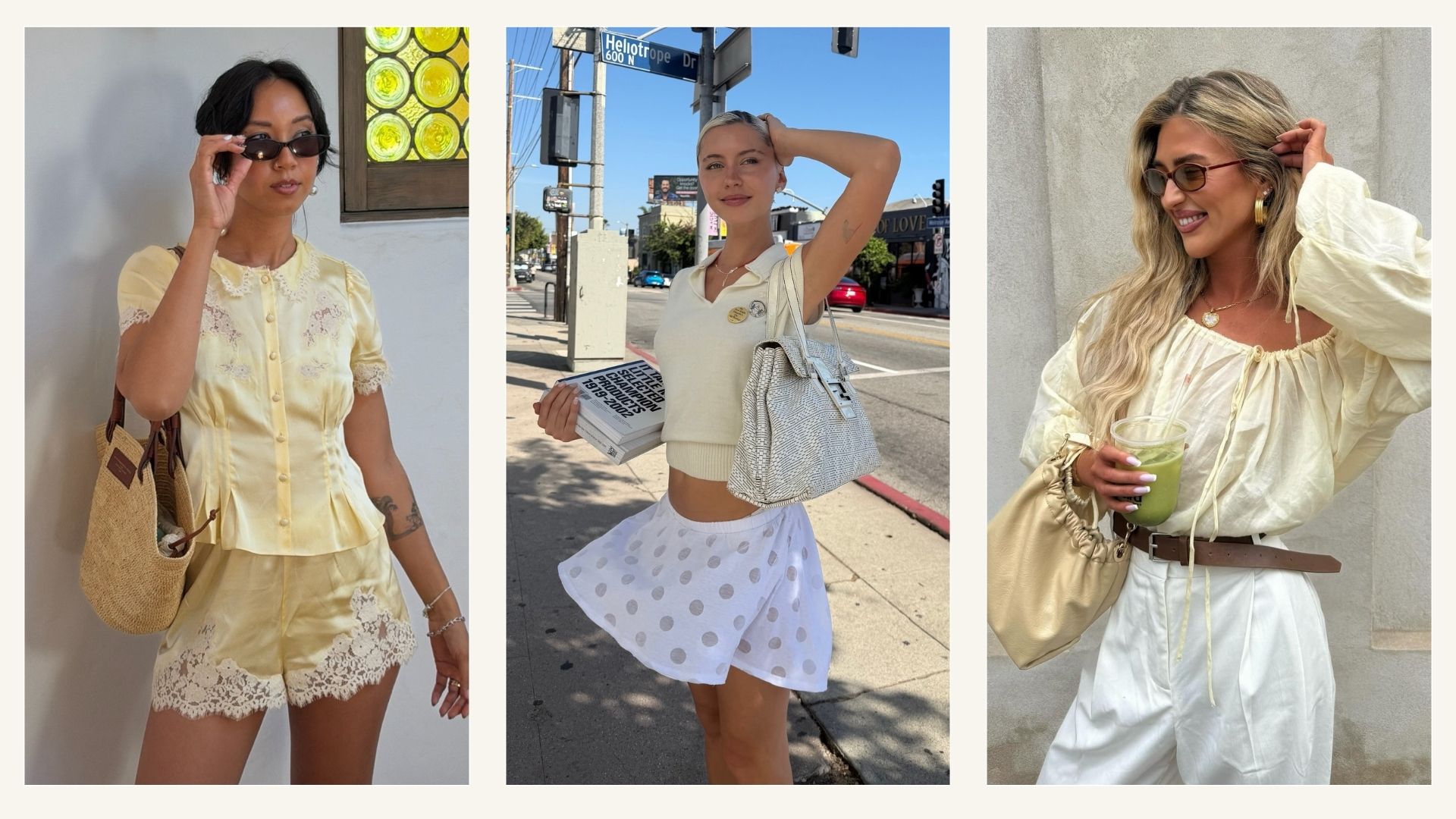 Collage of influencers wearing yellow top and blouses.