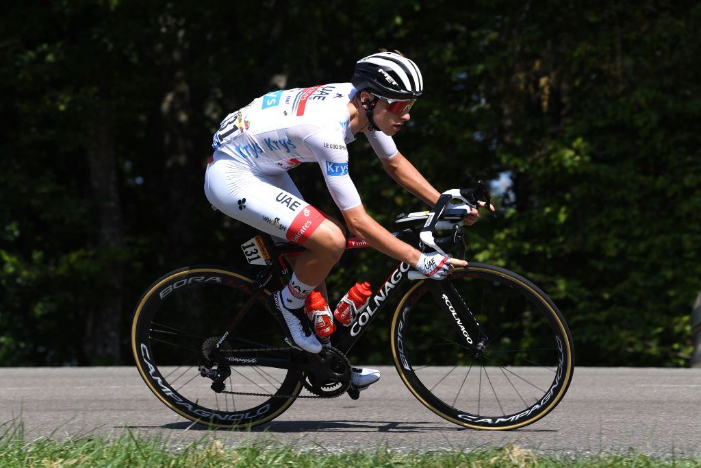 GRAND COLOMBIER FRANCE SEPTEMBER 13 Tadej Pogacar of Slovenia and UAE Team Emirates White Best Young Rider Jersey during the 107th Tour de France 2020 Stage 15 a 1745km stage from Lyon to Grand Colombier 1501m TDF2020 LeTour on September 13 2020 in Grand Colombier France Photo by Tim de WaeleGetty Images