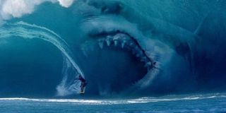 Giant shark about to swallow human in The Meg