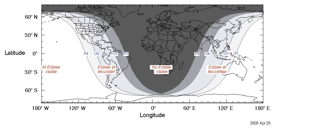 A map showing where the June 5 penumbral eclipse will and will not be visible from Earth.