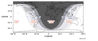 A map showing where the June 5 penumbral eclipse will and will not be visible from Earth.