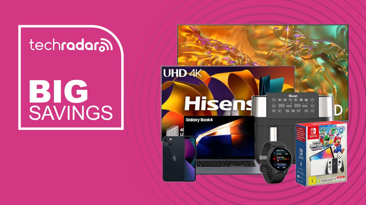 Collage of Samsung TV, Hisense TV, Swan Air Fryer, Galaxy Book laptop, iPhone 13, Garmin smartwatch and Nintendo Switch OLED on a pink background