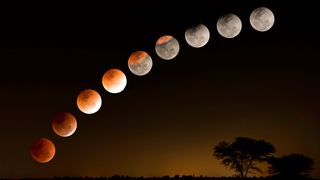 Phases of a lunar eclipse showing the moon turn progressively red. 