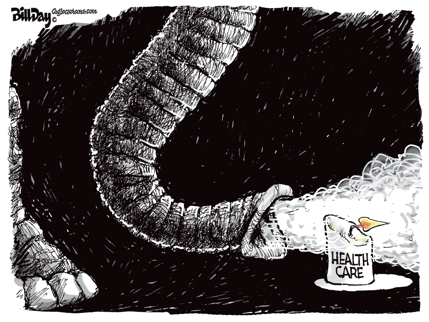 This is an editorial cartoon drawn in a stark, somber way. It shows a close-up of an elephant&amp;rsquo;s trunk blowing out a candle labeled &amp;ldquo;Health Care.&amp;rdquo;
