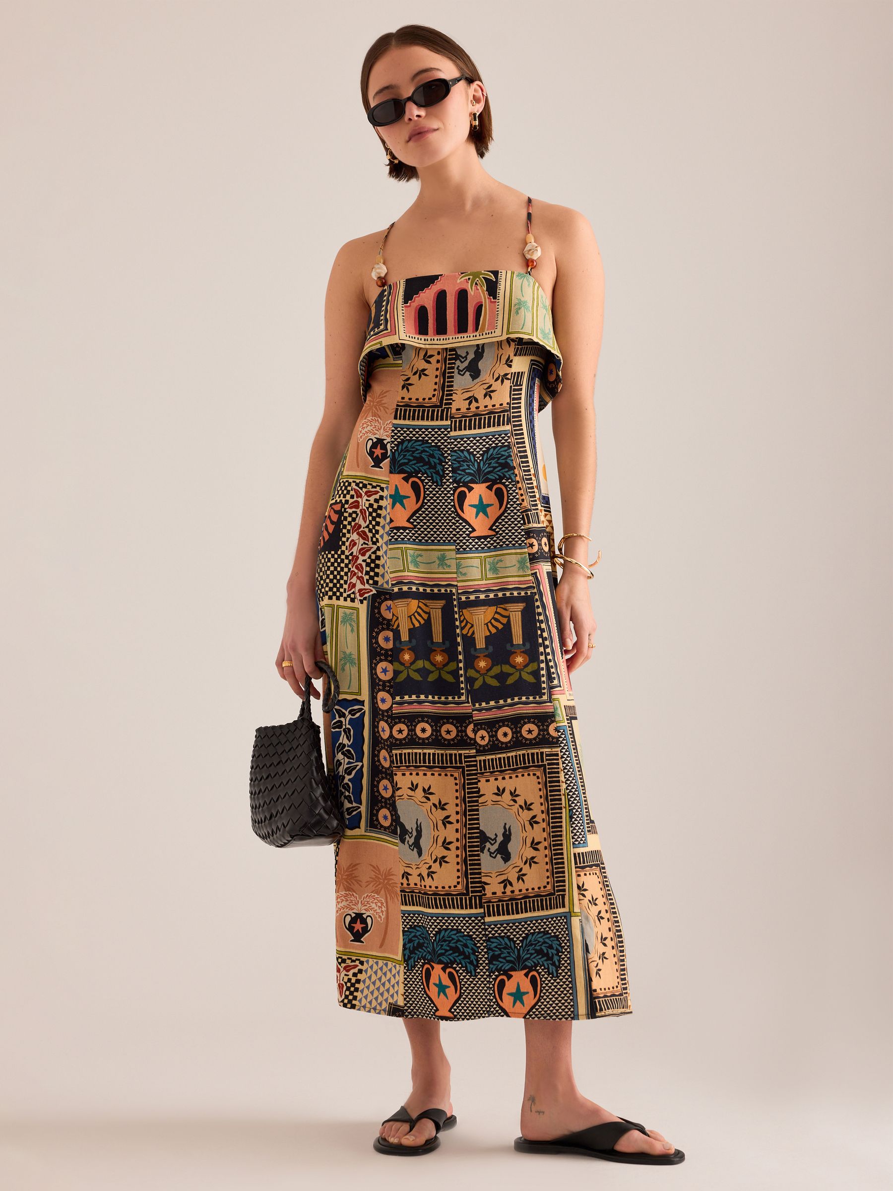Anthropologie Orange/ Mosiac Pattern Lia Linen-Blend Beaded Strap Midi Dress