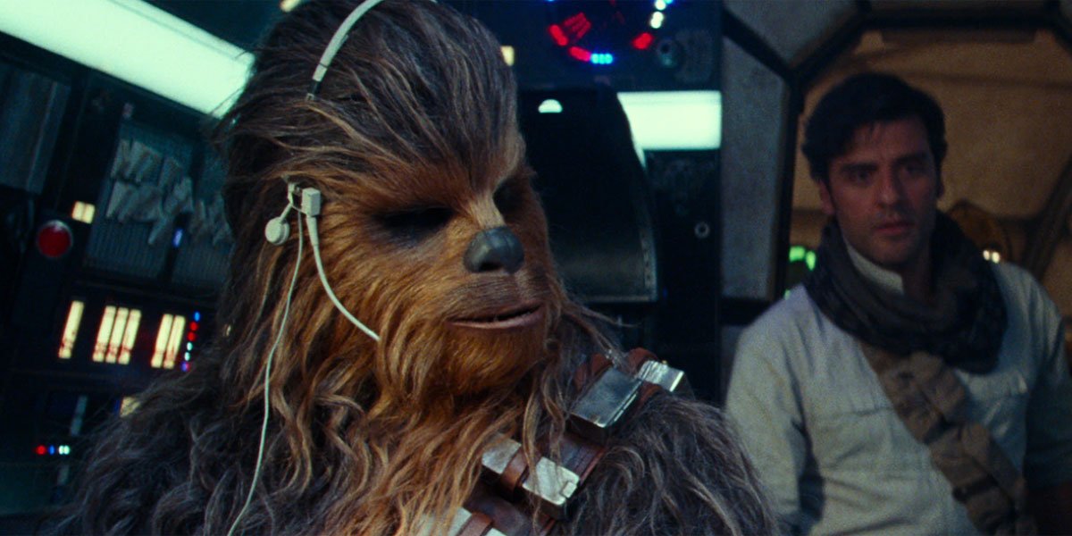 chewbacca and poe dameron in Star Wars: The Rise of Skywalker&#039;s Millennium Falcon