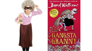 World book day illustrated by Image of a girl dressed as an old granny next to the book Gangsta Granny