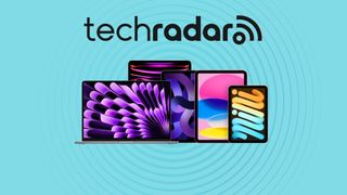 Assortment of Apple iPads, Apple MacBook, and Apple AirPods on blue background with TechRadar logo