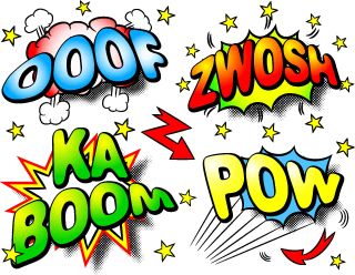 Comic book lettering and visual effects animate the words "ooof," "zwosh," "kaboom," and "pow."