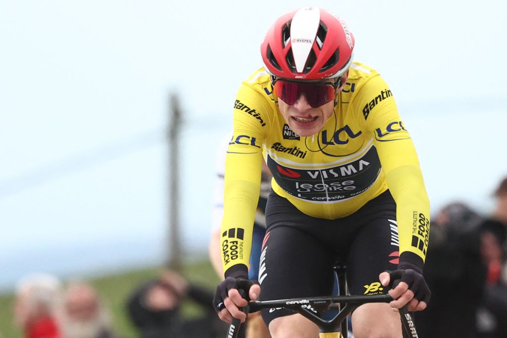 Team Visma-Lease a Bike&#039;s Danish rider Jonas Vingegaard wearing the overall leader&#039;s yellow jersey reacts as he crosses the finish line of the 5th stage of the Paris-Nice cycling race, 203,3 km between Saint-Just-en-Chevalet and La CÃ´te-Saint-AndrÃ©, on March 13, 2025. (Photo by Anne-Christine POUJOULAT / AFP)