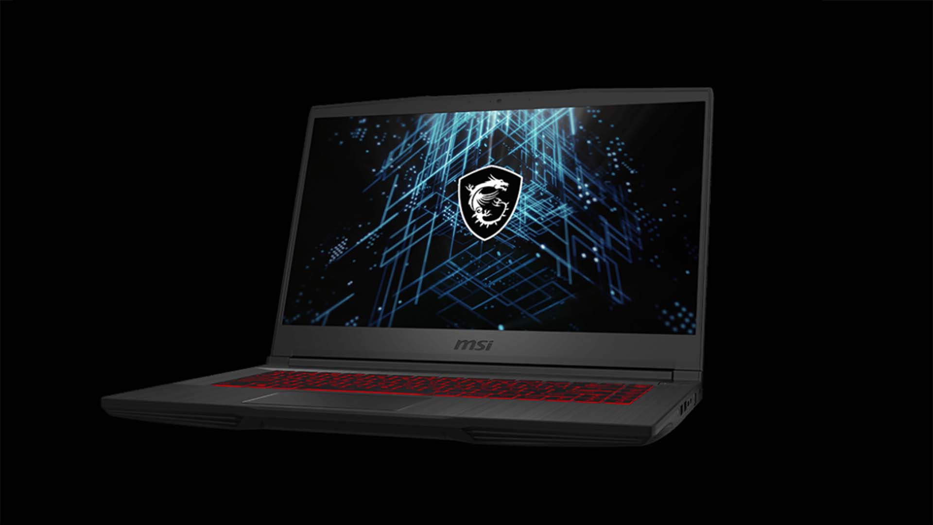 MSI GF65 gaming laptop on a black background
