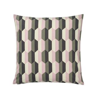 A throw pillow with black, gray, yellow, and pink wavy stripes