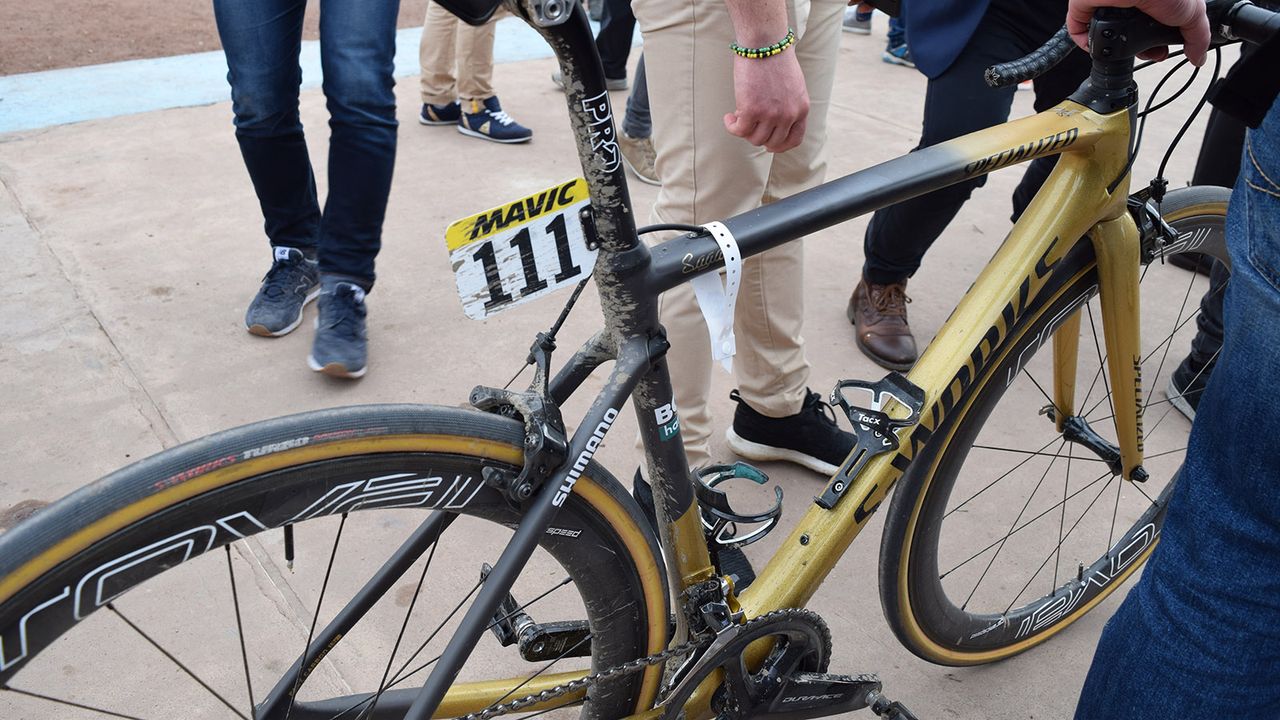 Sagan's bike was splattered with dirt after the race