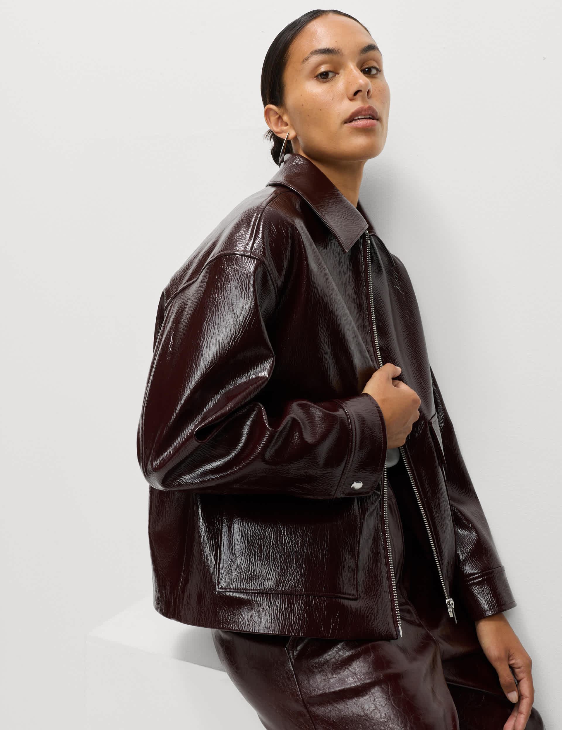 Faux Leather Lacquered Harrington Jacket