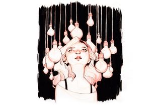 Ink drawing of a girl surrounded by hanging lightbulbs