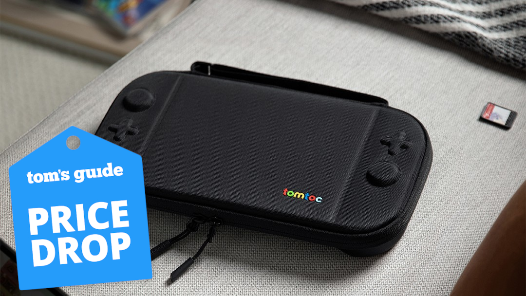 The TomToc FancyCase for Switch 2 on a couch with a Tom's Guide Price Drop deals badge