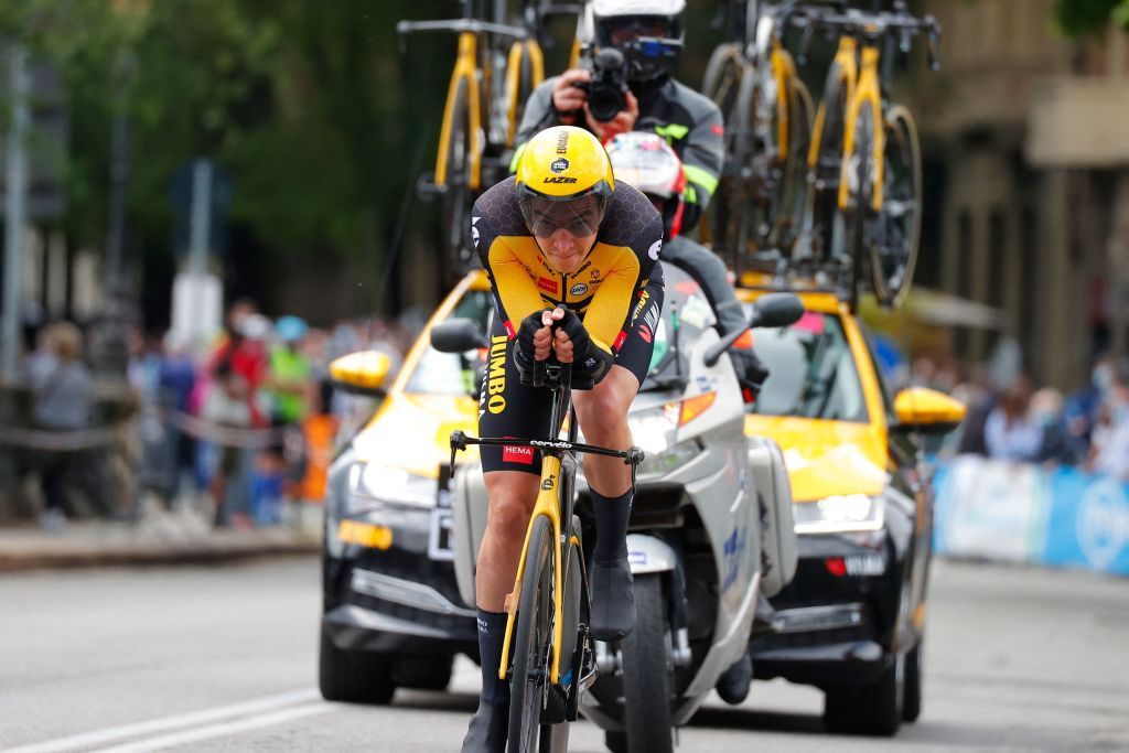 Team JumboVisma rider Italys Edoardo Affini competes in the first stage of the Giro dItalia 2021 cycling race a 86 km individual time trial on May 8 2021 in Turin Photo by Luca Bettini AFP Photo by LUCA BETTINIAFP via Getty Images