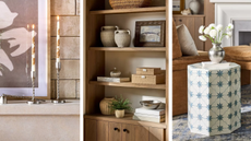 a set of three images. The first is a mantel styled with two silver candle holders and a candle snuffer. The middle is a shelf styled with various decor features and some silver accents. The last image is a blue and white side table with a silver vase on top with flowers in it