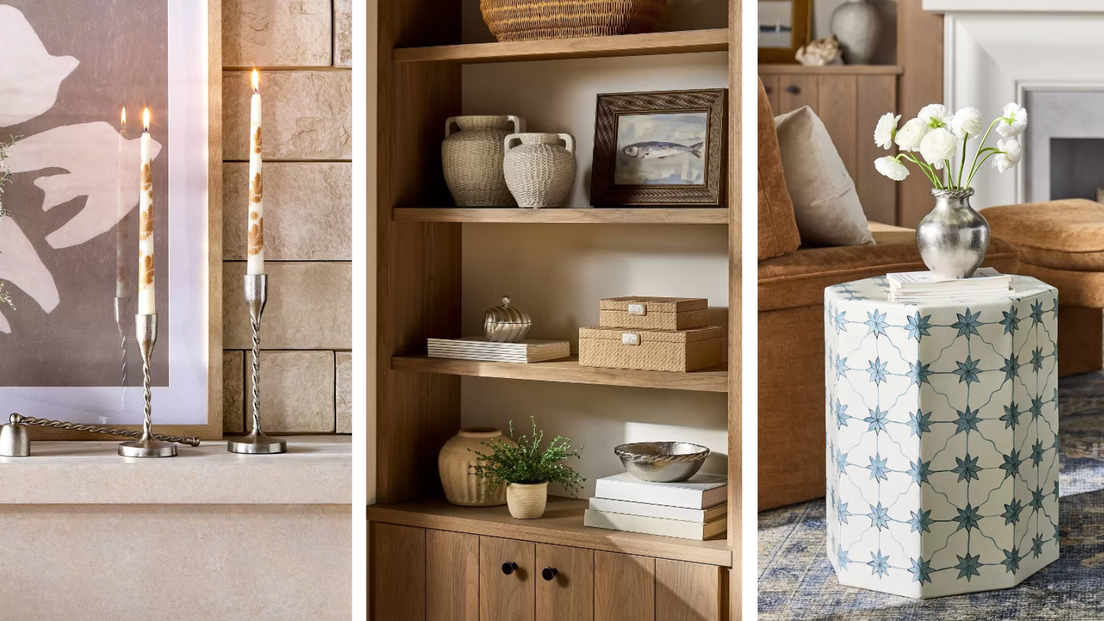 a set of three images. The first is a mantel styled with two silver candle holders and a candle snuffer. The middle is a shelf styled with various decor features and some silver accents. The last image is a blue and white side table with a silver vase on top with flowers in it