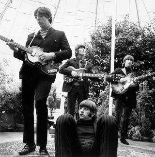 In the conservatory of Chiswick House in London, Mersey rock group the Beatles recreate the session at which they recorded 'Paperback Writer' and 'Rain',