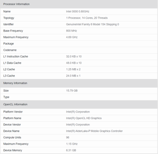 14 Core Alder Lake Geekbench 5 Graphics Bench and Specs