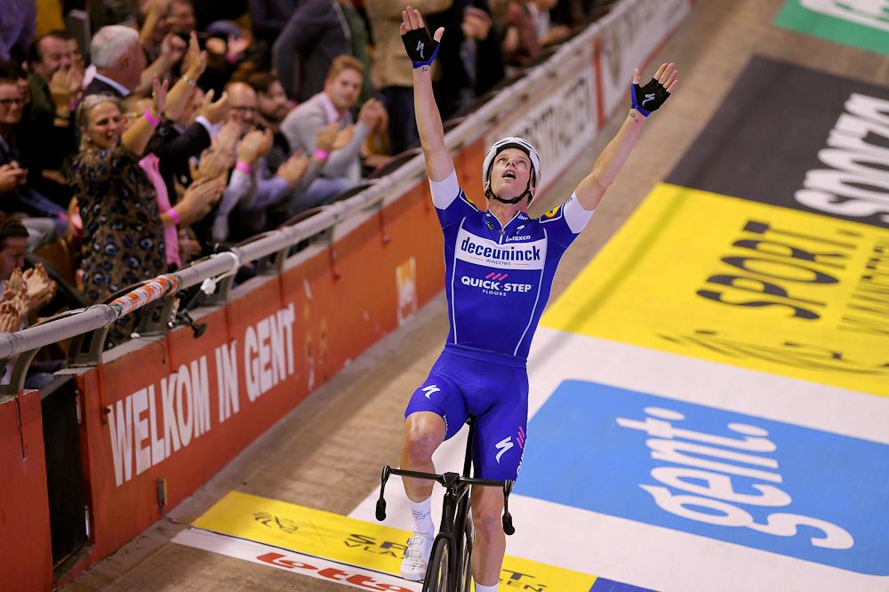 Iljo Keisse celebrates the final Madison sprint and overall victory at Gent Six