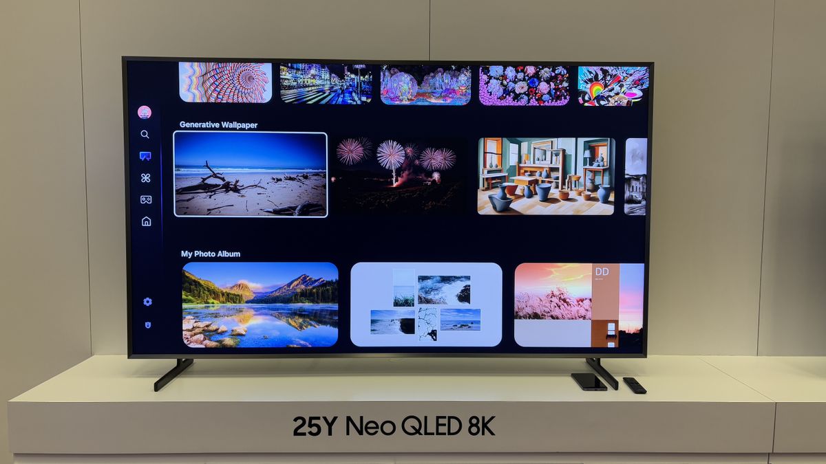 Samsung Q900F TV on a white stand at Samsung's CES 2025 showcase
