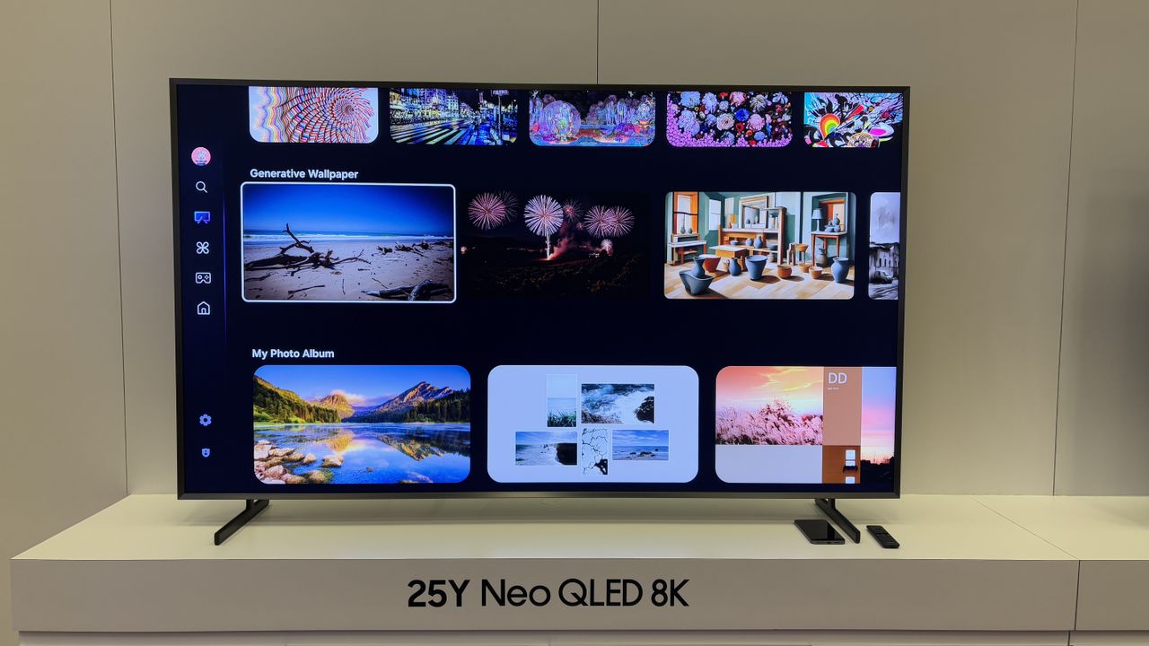Samsung Q900F TV on a white stand at Samsung's CES 2025 showcase