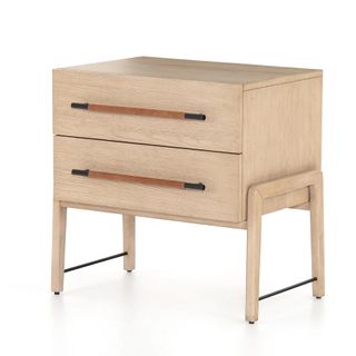 A wooden shelved nightstand