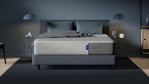 Casper Original mattress review shows the boxed Casper Mattress on a grey bedframe in a stylish bedroom