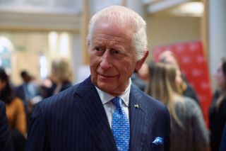 King Charles wearing a blue suit and tie looking to the left with an amused expression