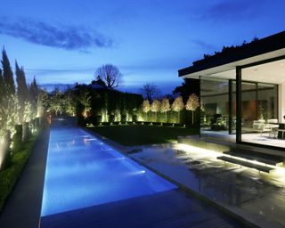 pool in contemporary garden with lighting
