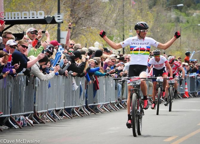 Marathon World Champion Christoph Sauser (Specialized) wins the Whiskey 50 in a close finish with teammate Todd Wells and Canadian Champion Derek Zandstra (Scott)