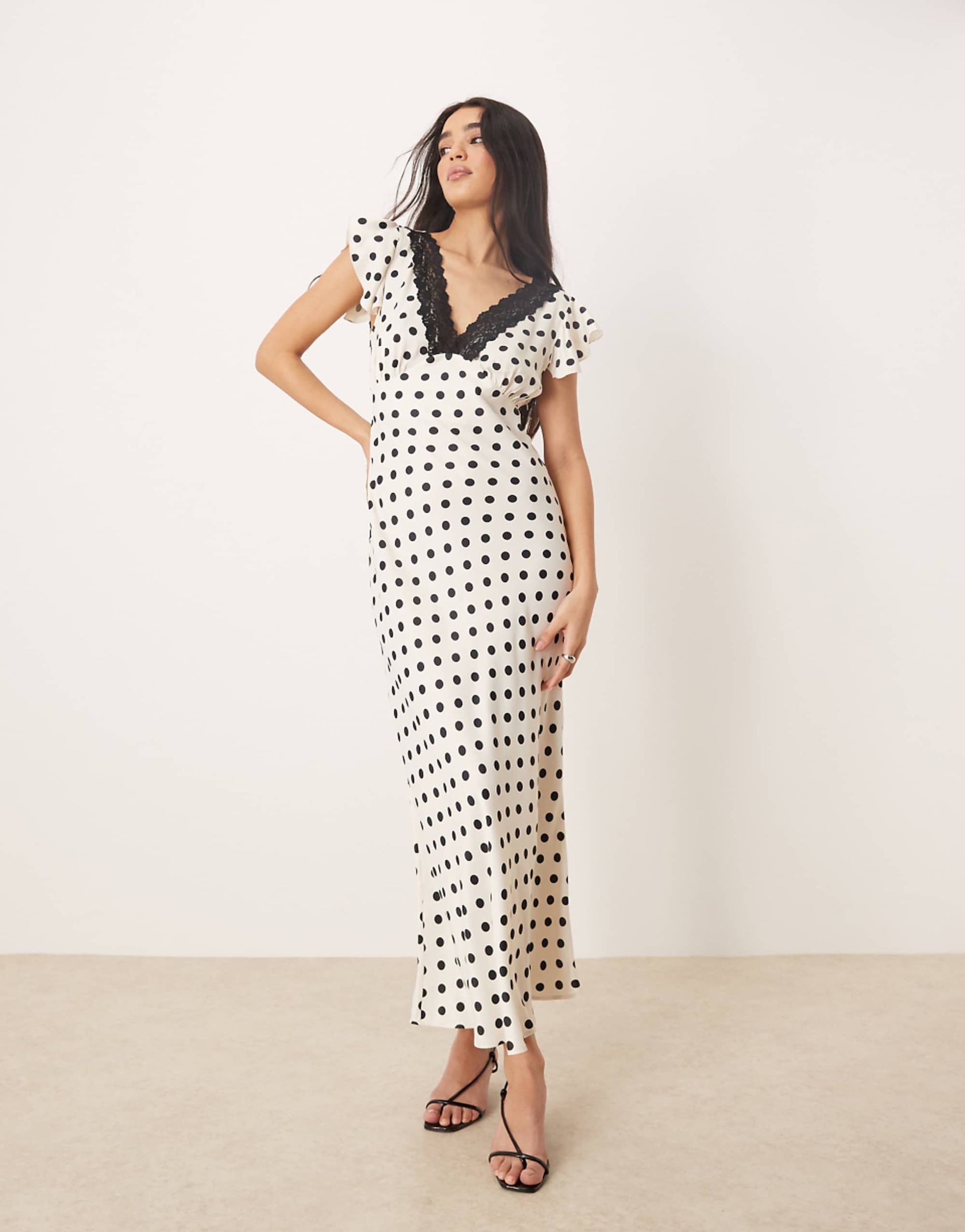 Asos Design Satin Lace Trim Maxi Dress in Cream Polka Dot