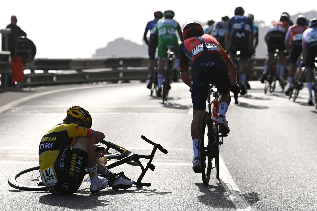 SANREMO ITALY MARCH 18 LR Jan Tratnik of Slovenia and Team JumboVisma and Michal Kwiatkowski of Poland and Team INEOS Grenadiers react after a crash during the 114th MilanoSanremo 2023 a 294km one day race from Abbiategrasso to Sanremo MilanoSanremo UCIWT on March 18 2023 in Sanremo Italy Photo by Tim de WaeleGetty Images