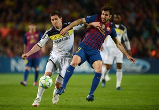 Frank Lampard of Chelsea and Cesc Fabregas of Barcelona battle for the ball during the UEFA Champions League Semi Final, second leg match between FC Barcelona and Chelsea FC at Camp Nou on April 24, 2012 in Barcelona, Spain
