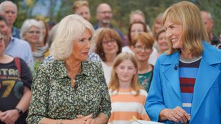 Queen Camilla with BBC presenter Fiona Bruce during her visit to the Antiques Roadshow at The Eden Project on September 06, 2022