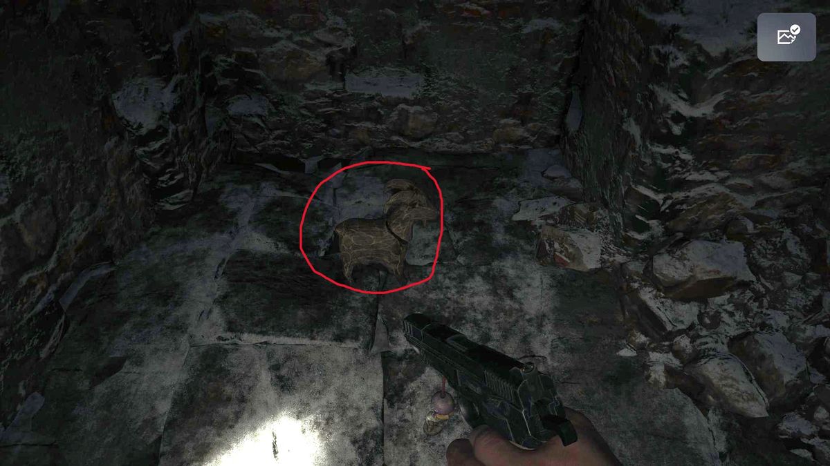Edited in-game screenshot of a Goat of Warding in Resident Evil Village