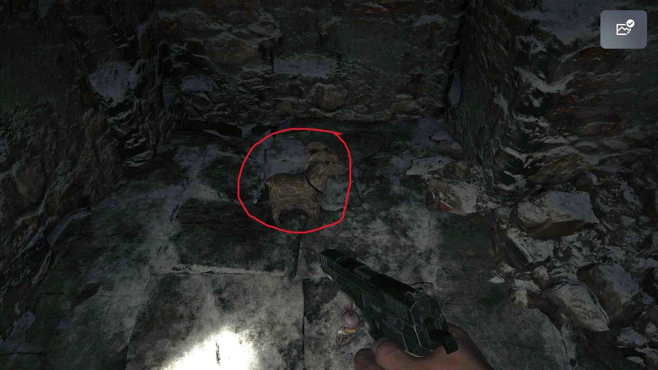 Edited in-game screenshot of a Goat of Warding in Resident Evil Village