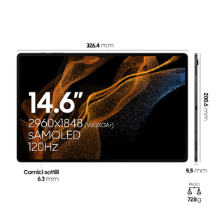 A piece of leaked promo material for the Samsung Galaxy Tab S8 Ultra, showing the tablet's display and body measurements and specs.