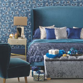 blue bedroom with christmas presents
