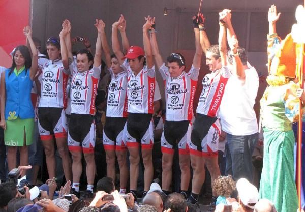 Greatwall-Indeportes Antioquia celebrates its teams classification win.