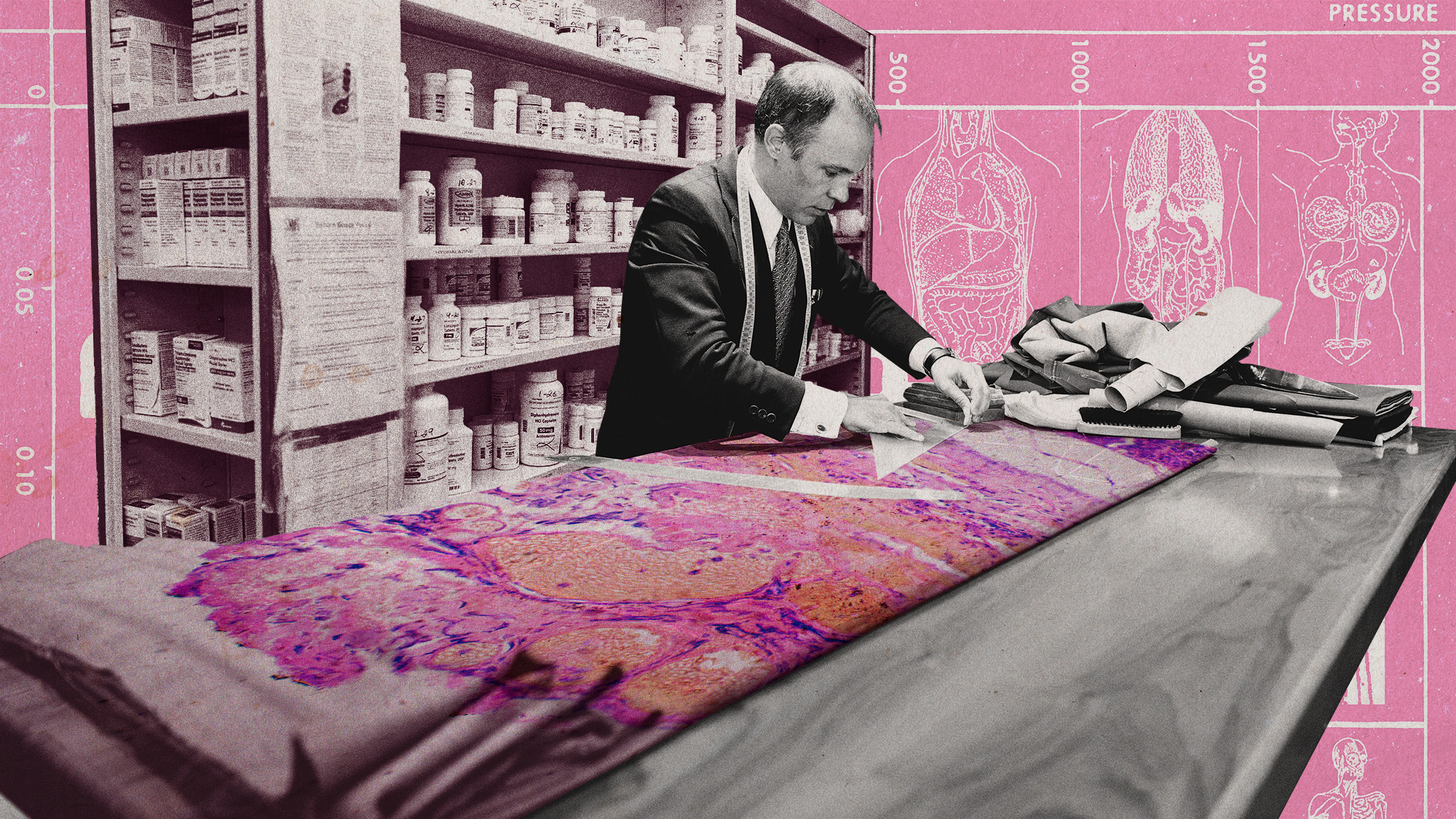 Photo collage of a tailor cutting out fabric overlaid with cancer cell micrography. There are anatomical charts and shelves of medicine in the background.