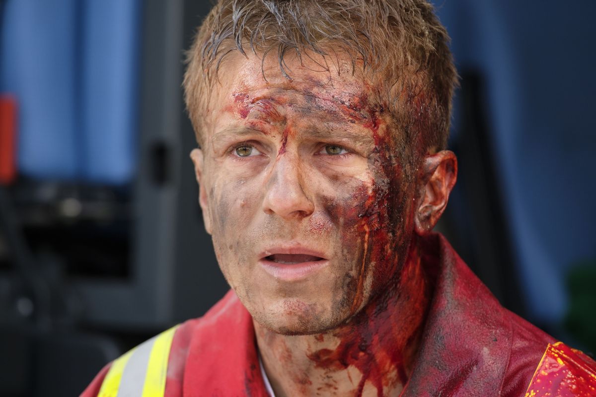 Bloody and broken. Dr Ethan Hardy on the front line of a major incident in Holby earlier this year