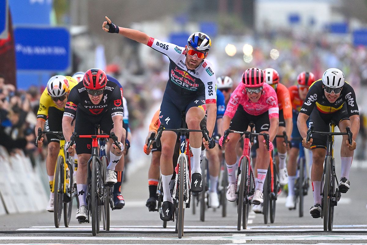 TAVIRA PORTUGAL FEBRUARY 21 Jordi Meeus of Belgium and Team Red Bull BORA hansgrohe celebrates at finish line as stage winner ahead of LR Alberto Dainese of Italy and Tudor Pro Cycling Team Biniam Girmay of Eritrea and Team Intermarche Wanty Madis Mihkels of Estonia and Team EF Education EasyPost Arnaud De Lie of Belgium and Team Lotto and Milan Fretin of Belgium and Team Cofidis during to the 51st Volta ao Algarve em Bicicleta Stage 3 a 1835km stage from Vila Real Santo Antonio to Tavira on February 21 2025 in Tavira Portugal Photo by Tim de WaeleGetty Images