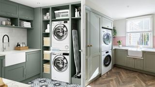 stacked washing appliances in green utility rooms