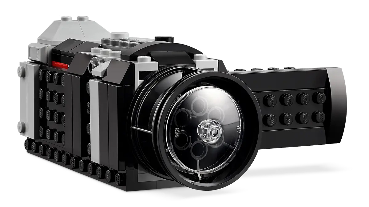 Completed video camera from Lego Retro Camera set on white background