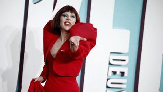 US singer-songwriter and actor Lady Gaga poses on the red carpet upon arrival to attend the the UK premiere of &quot;Joker: Folie À Deux&quot;