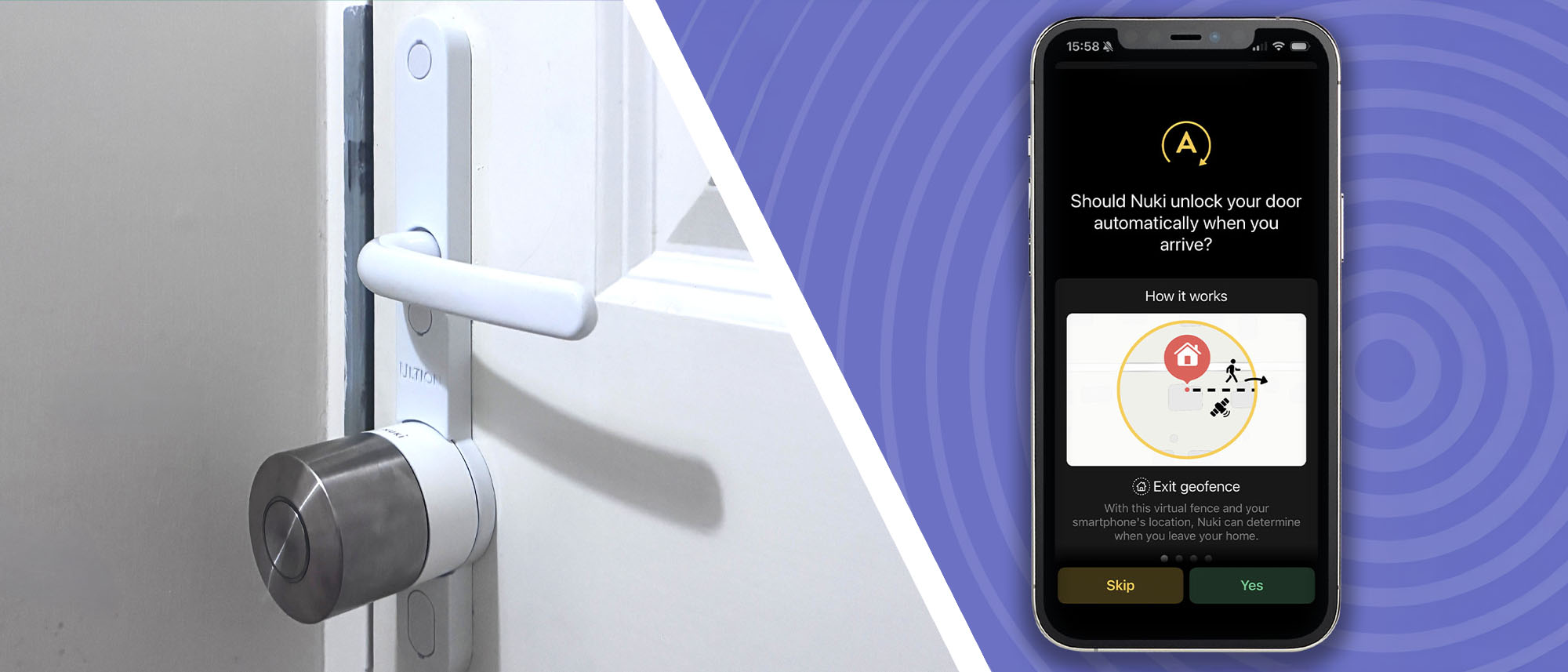 Split image of Ultion Nuki smart lock installed on door, and auto unlock settings in mobile app